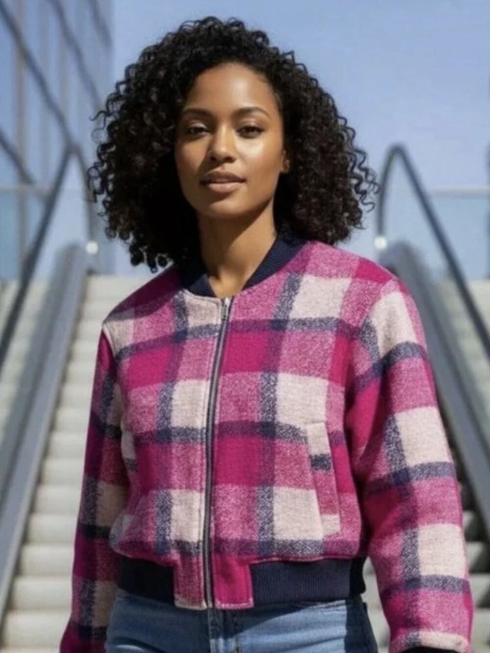 House Of Harlow Pink Plaid Wool Blend Jacket Size L
